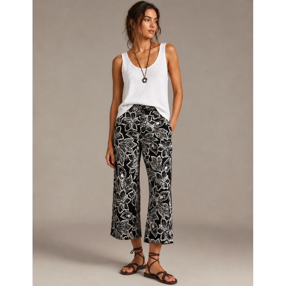Linda Allard Ellen Tracy Pants 10 Black White Floral Tropical Coastal Resort